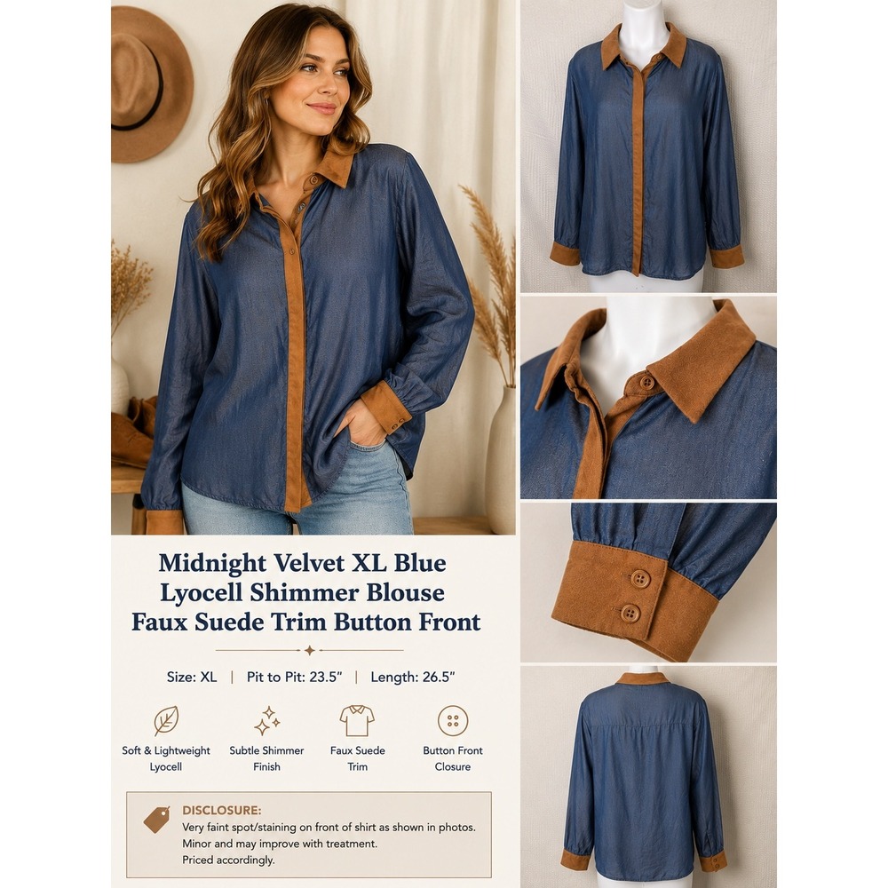 Midnight Velvet XL Blue Shimmer Lyocell Blouse Faux Suede Trim Button Up Top
